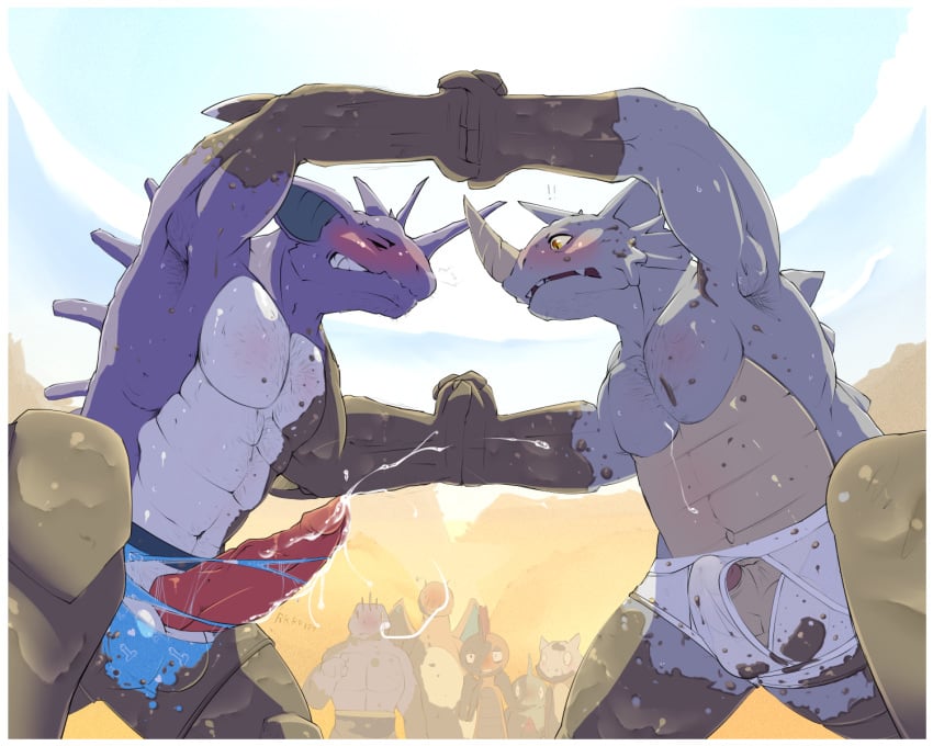 armpits balls big_penis blush boxers bulge cum cumshot dirty dragonite ejaculation embarrassed erection fight furry half-dressed hands-free handsfree_ejaculation hollo_nut larvitar lost_clothes machoke male male_only marowak messy mud mud_wrestling muscular muscular_male nidoking nintendo nude penis pokemon pokemon_(species) rhydon scrafty topless torn_clothing underwear vein veiny_penis video_games wrestling yaoi