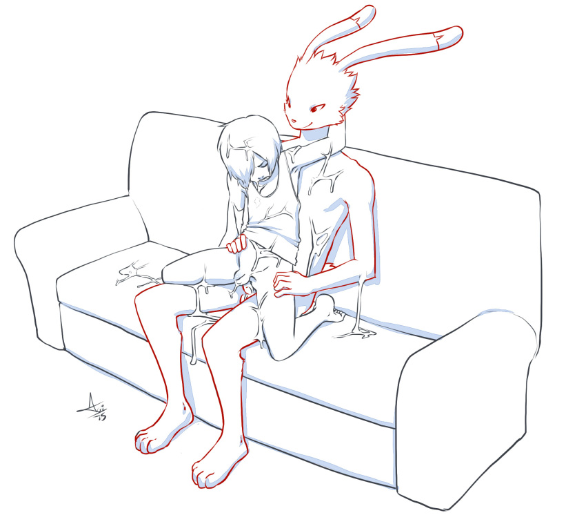 after_sex anal anal_sex anthro aogami arm_around_neck arm_up balls barefoot bottomless clothed clothing cum cum_on_self erection flaccid front_view full_body furry half-dressed human human_on_anthro ikezawa_kazuma interspecies king_kazma lagomorph long_ears male male_only mammal messy multiple_boys naughty_face nude penetration penis rabbit restricted_palette shirt signature sitting size_difference sofa straddling summer_wars tank_top teenager uncut