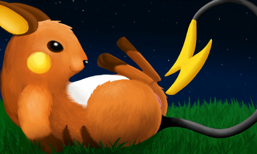 2016 anus ass draquarzi female fur grass hi_res legs_up lying mammal night nintendo on_back orange_fur outside pokemon pokemon_(species) pussy raichu rodent sky video_games