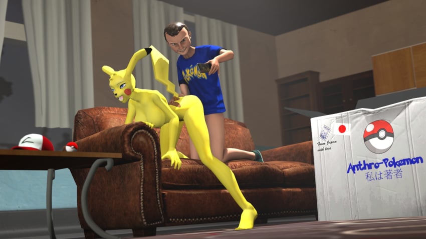 2016 3d anthro blinds blush box breasts carpet clothes duo english_text female gorilka half-dressed hat headgear highres human human_on_anthro indoors japanese_text male mammal nintendo nipples nude open_mouth phone pikachu pokemon rodent sex smile sofa source_filmmaker straight table teeth text tongue yellow_fur young