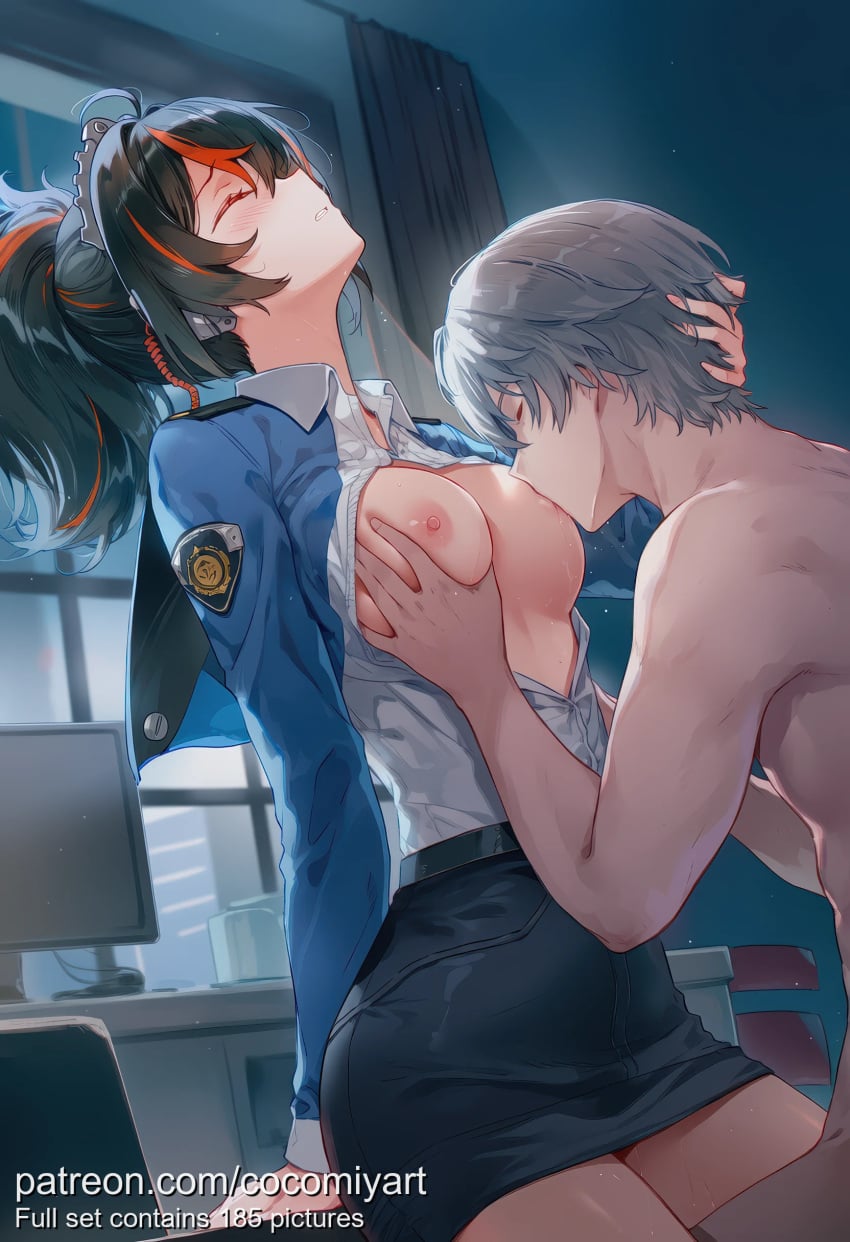 1boy 1girl ai_generated black_hair black_skirt breast_sucking breasts breasts_out closed_eyes clothed_female_nude_male cocomiyart collared_shirt grabbing grabbing_another's_breast grey_hair hetero highres indoors jacket long_hair long_sleeves medium_breasts monitor multicolored_hair nipples nsfw nude open_clothes pencil_skirt police police_uniform policewoman ponytail red_hair shirt short_hair skirt streaked_hair uncensored uniform white_shirt zenless_zone_zero zhu_yuan