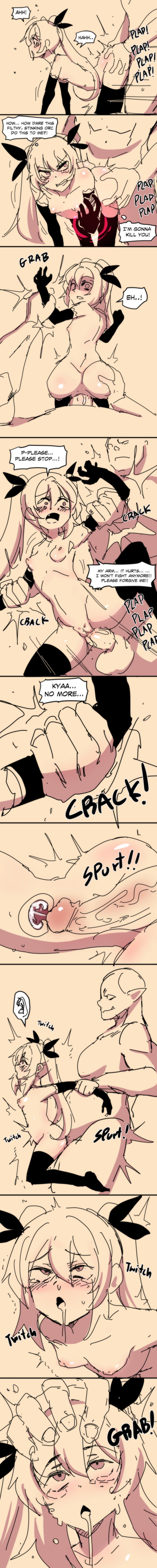 1boy 1girls breasts broken_arm cocky comic gore guro kurohime_(artist) mesugaki monochrome monster nipples orc original rape ryona sex snuff tagme vaginal_penetration witch