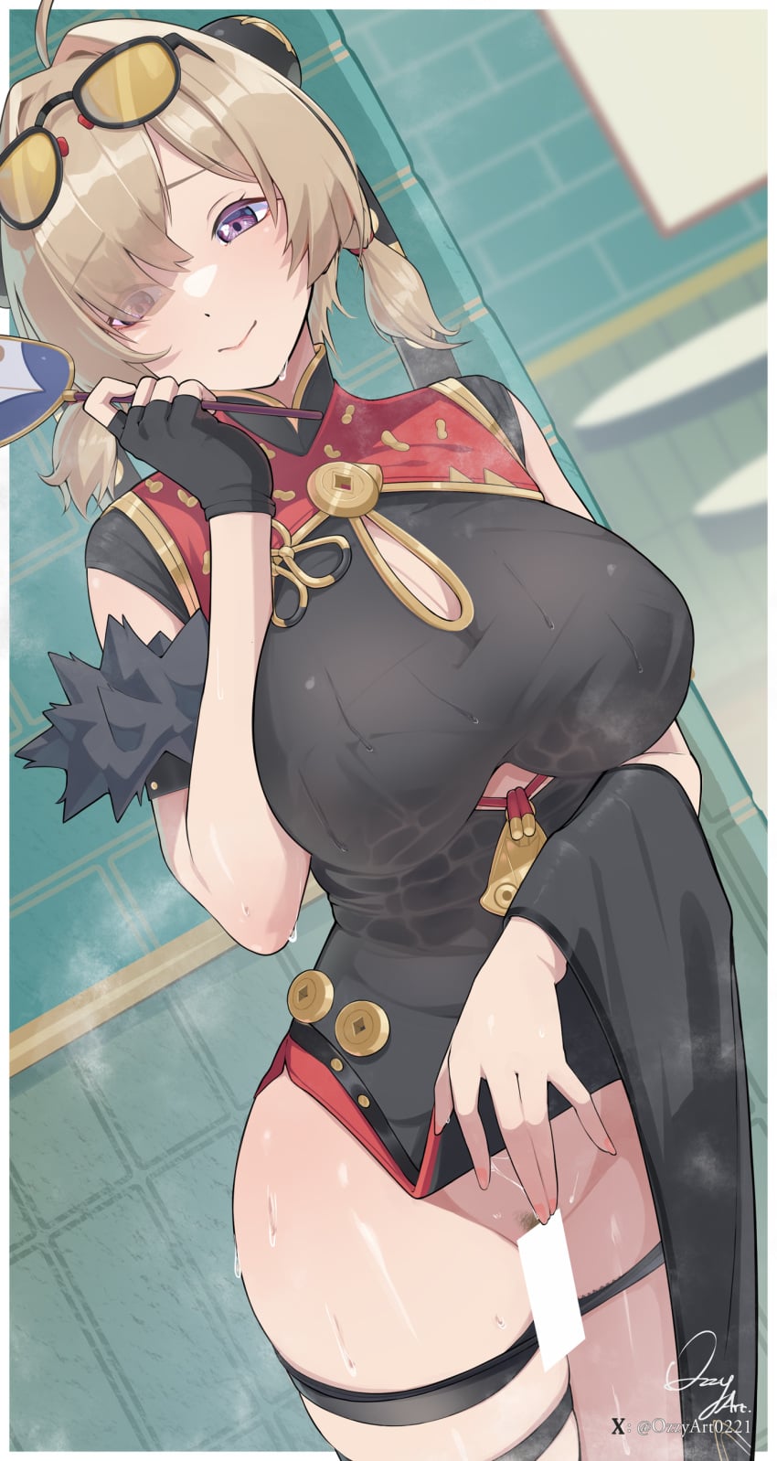 1girl absurdres ahoge bar_censor black_dress black_gloves blonde_hair blush border breasts censored chinese_clothes cleavage_cutout closed_mouth clothes_lift clothing_cutout commentary cowboy_shot dress dress_lift english_commentary eyewear_on_head female_pubic_hair fingerless_gloves fur_trim gloves hair_bun hair_over_one_eye highres large_breasts looking_at_viewer nail_polish no_panties ozzyart_0221 paid_reward_available pubic_hair purple_eyes pussy qipao short_hair signature single_glove skindentation smile solo standing sunglasses sweat sweety_(zenless_zone_zero) thigh_strap thighs tinted_eyewear twintails variant_set white_border zenless_zone_zero