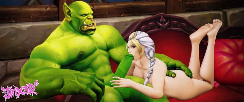 1boy 1girls 3d blizzard_entertainment blonde_hair blowjob fellatio green_skin groping groping_ass handjob huge_cock human human_(world_of_warcraft) interspecies jaina_proudmoore jinx3dnsfw light-skinned_female light_skin multicolored_hair nude oral oral_sex orc orc_(warcraft) white_hair world_of_warcraft