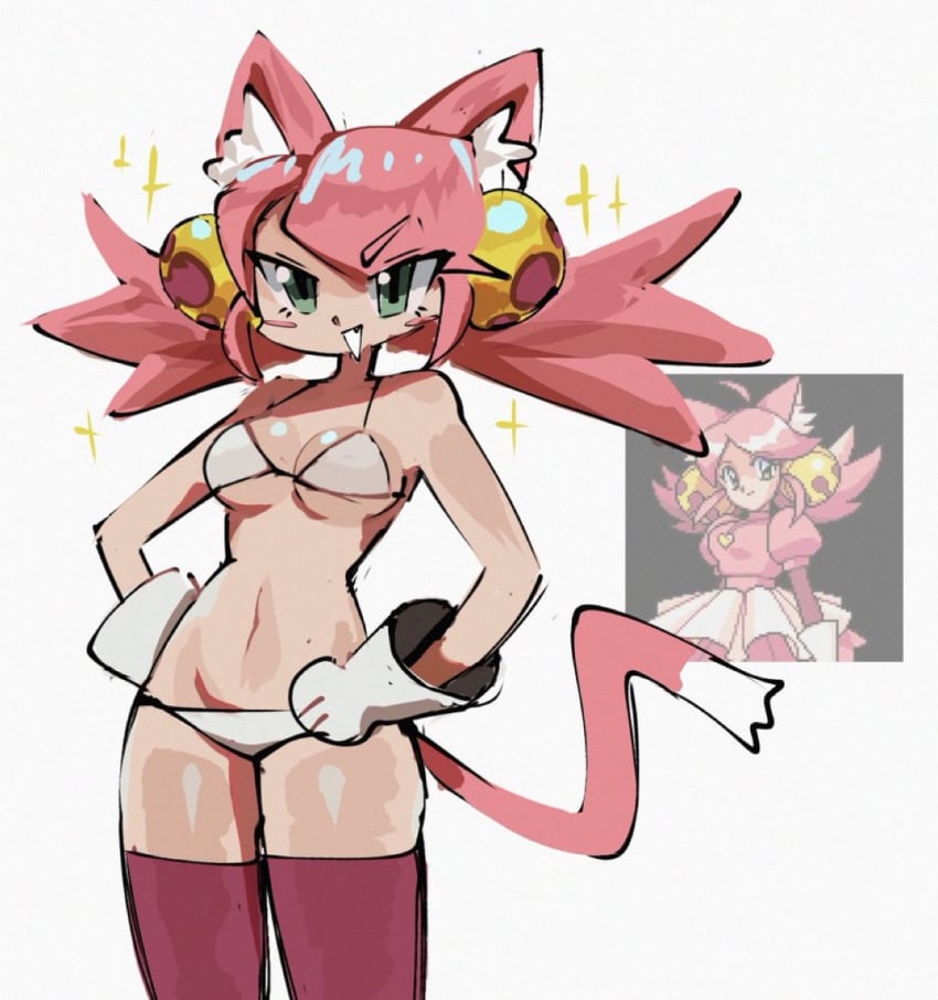 bikini catgirl citrusflower25 deltarune deltarune_chapter_5 green_eyes mad_mew_mew mew_mew_(undertale) pink_(deltarune) pink_hair small_breasts sparkles sprite tagme thigh_highs thighhighs thighs undertale_(series)