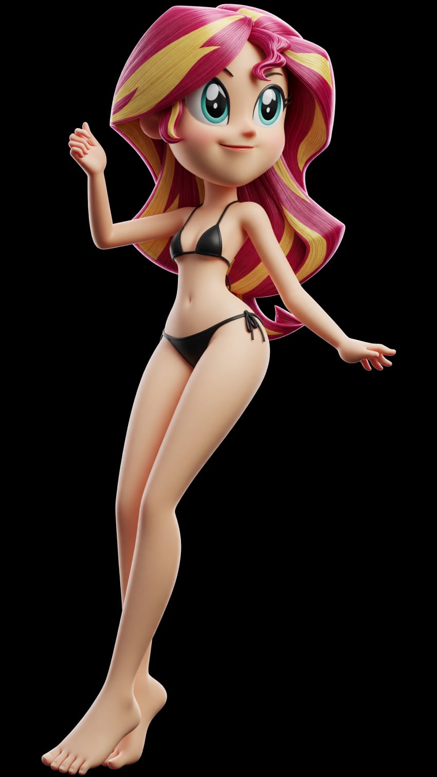 3d 3d_render ai_assisted barefoot bikini bikini_bottom bikini_top black_bikini equestria_girls feet friendship_is_magic my_little_pony sunset_shimmer