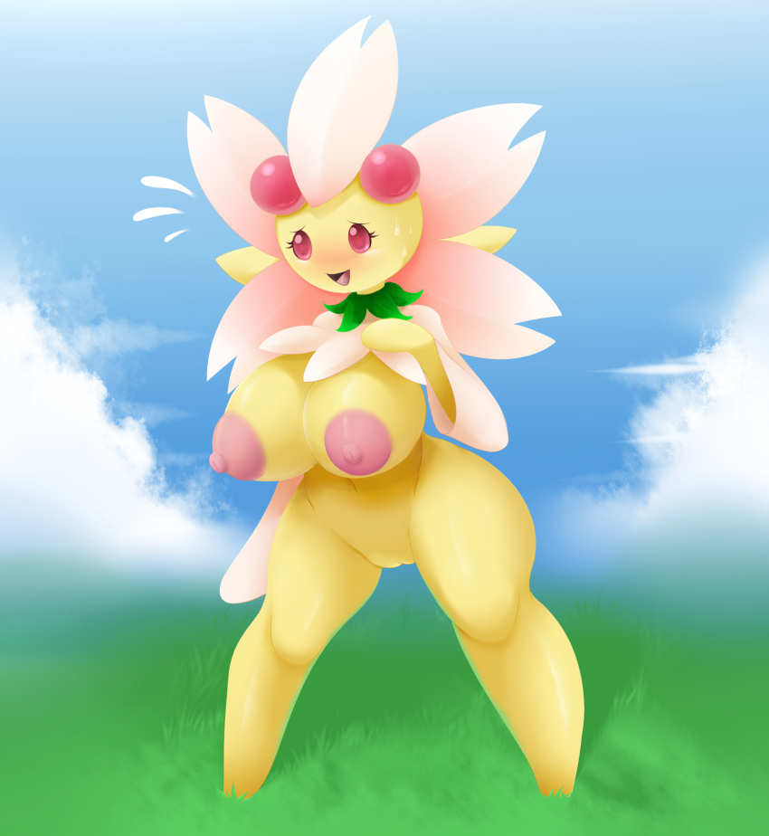 anthro anthrofied blush breasts cherrim female large_breasts metachoke navel nintendo nude open_mouth outdoors pokemon pokemon_dppt pokemorph pussy solo standing sweat