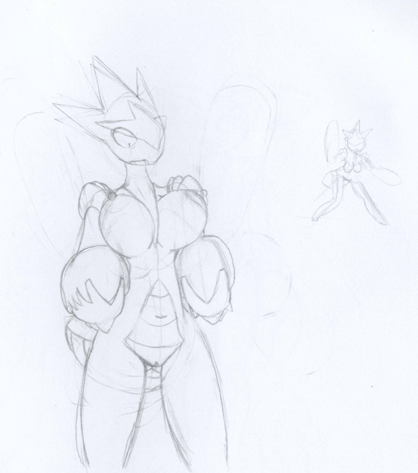 2015 abdomen anthro anthrofied areolae breasts claws duo horn large_breasts latiar mega_evolution mega_scizor monochrome navel nintendo nipples nude pokemon pokemorph pussy scizor simple_background sketch traditional_media_(artwork) white_background wings