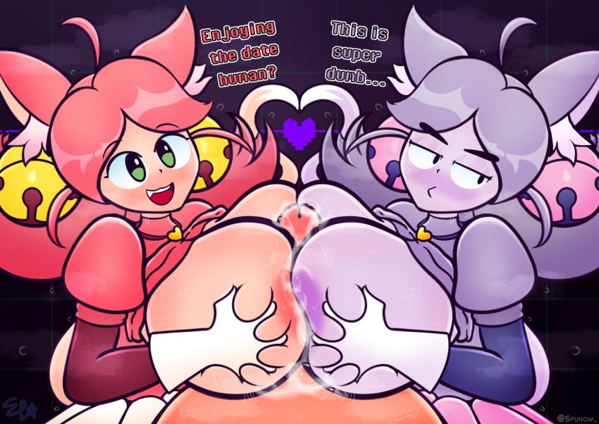 2girls absurd_res accessories accessory annoyed annoyed_expression artist_name artist_signature blush boobjob cat_bell cat_ears cat_girl cat_humanoid cat_tail catgirl deltarune deltarune_chapter_5 dual_persona english_text feline feline_humanoid female glove gloves gray_hair heart heart_symbol humanoid irritable_ghost_(deltarune) looking_at_viewer looking_away looking_away_from_viewer mad_dummy mad_mew_mew mew_mew_(undertale) mew_mew_kissy_cutie pink_hair precum sleeve sleeves smiling smiling_at_viewer spunow_ sweat tagme tail text titfuck titjob undertale undertale_(series)