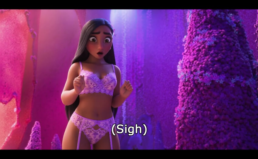 1girl ai_assisted ai_edit ai_generated bra dark-skinned_female disney edit encanto garter_belt garter_straps isabela_madrigal letterbox lingerie panties screencap solo standing subtitled surprised text thighhighs upper_body