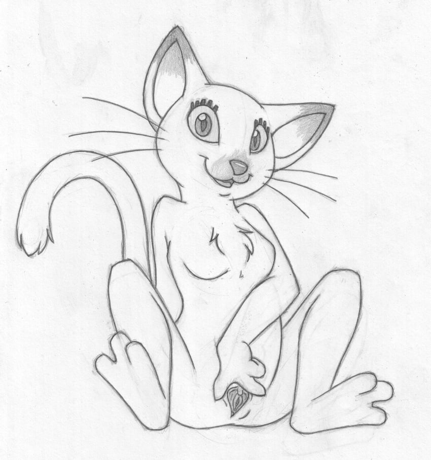 anthro arm_support barefoot breasts clitoris clothed clothing feline feline female front_view gaping gaping_pussy greyscale looking_at_viewer mammal mizzyam monochrome open_mouth pencil_(artwork) presenting pussy sitting smile solo spread_legs spread_pussy spreading traditional_media_(artwork) unknown_character whiskers