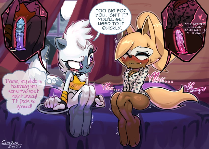 anthro black_nose blush blush_lines bodily_fluids breasts brown_body brown_fur canid canine canis cleavage clothed clothing dialogue dildo dildo_sitting duo english_text eyelashes eyes_closed feet female female_anthro front_view fur grey_body grey_fur group_masturbation halfgalaxy head_tuft heart_eyes heart_symbol hi_res idw_publishing leg_markings lemur long_tail mammal markings masturbation pattern_clothing pattern_topwear penetration primate purple_eyes ring-tailed_lemur sega sex_toy sex_toy_insertion sitting smile snaggle_tooth socks_(marking) sonic_(series) sonic_the_hedgehog_(comics) sonic_the_hedgehog_(idw) sonic_the_hedgehog_(series) speech_bubble strepsirrhine striped_markings striped_tail stripes sweat tail tail_markings tan_body tan_fur tangle_the_lemur text thick_thighs thought_bubble topwear tuft whisper_the_wolf white_clothing white_topwear wide_hips wolf yellow_clothing yellow_topwear