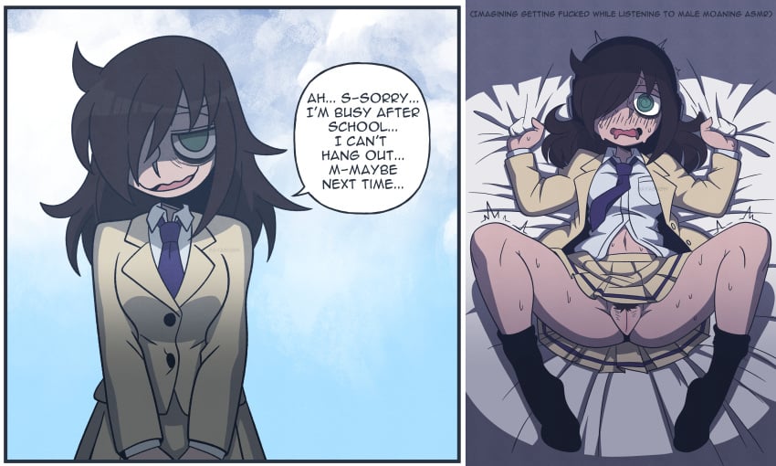 1girls before_and_after blush bottomless clutching_sheets dialogue drooling female girlfailure hair_over_one_eye kuroki_tomoko masturbation messy_hair sayasushiswag sweat sweaty text watashi_ga_motenai_no_wa_dou_kangaetemo_omaera_ga_warui!