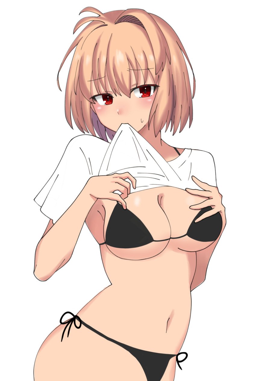 ahoge alternate_breast_size arcueid_brunestud big_breasts biting_clothes black_swimsuit blonde_hair blonde_hair blush breasts breasts clothing curvy flustered hips huge_boobs huge_breasts large_boobs large_breasts lifting_shirt looking_at_viewer maz_515 melty_blood presenting red_eyes revealing shirt short_hair showing_breasts shy stripping sweatdrop swimsuit tsukihime type-moon undressing vampire vampire_girl white_shirt