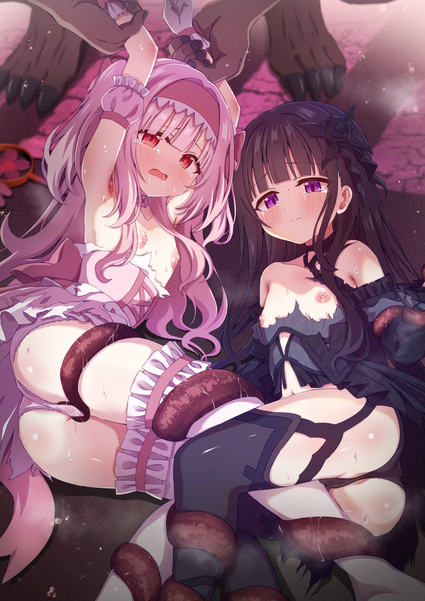 2girls absurdres artina black_hair black_thighhighs bound bound_wrists detached_sleeves frilled_thighhighs frills highres hime_cut long_hair magical_girl multiple_girls nipples original panties pink_hair purple_eyes rape red_eyes saliva tears tentacle thighhighs underwear white_thighhighs