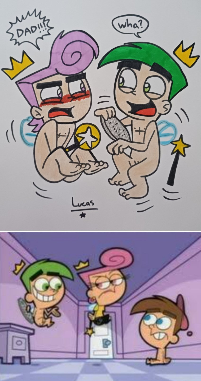 2boys barely_visible_genitalia cosmo_(fop) cosmo_cosma covering_crotch father_and_son filing_nails green_nails l21fanarts magic_wand male male_only older peri peri_fairywinkle-cosma poof_(fop) purple_hair the_fairly_oddparents the_fairly_oddparents:_a_new_wish traditional_media_(artwork)