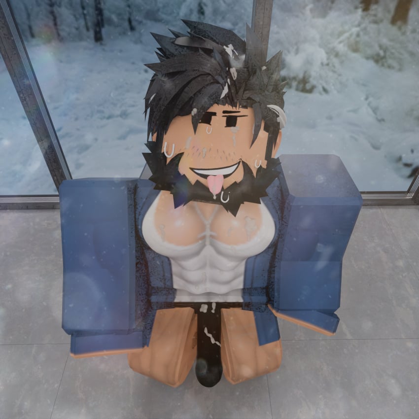 3d after_oral bara bara_tits beard big_pecs cum_on_body cum_on_face cum_on_penis cum_on_tongue daddy daddy_kink gay hairy hairy_chest pecs robe roblox smug smug_face top_view