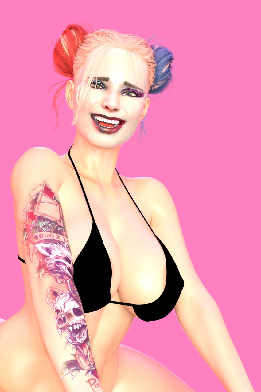 3d batman_(series) bikini_top boomnsfw breasts dc dc_comics harley_quinn harley_quinn_(arkham) harley_quinn_(suicide_squad_game) suicide_squad suicide_squad:_kill_the_justice_league