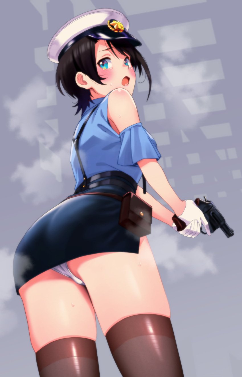 black_hair black_skirt blue_eyes blush clothing female female_only firearm gloves gun handgun holding_gun hololive human miniskirt oozora_subaru open_mouth pale_skin panties panty_peek pantyshot pantyshot_(standing) police police_hat police_uniform policewoman revealing_clothes revolver short_hair skindentation skirt steam stockings tears thighhighs thighs uniform upskirt virtual_youtuber weapon white_gloves white_panties zabudog777