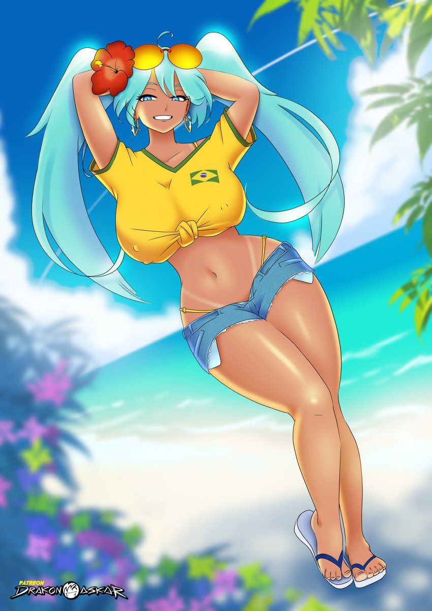 1girls ass beach big_ass big_breasts big_thighs bikini brazil brazilian brazilian_female brazilian_miku breasts cyan_eyes cyan_hair drakonaskar female female_only hatsune_miku huge_ass huge_thighs latin_american_hatsune_miku_(meme) long_hair looking_at_viewer miku patreon sandals sea shirt shorts solo tagme tan tan_body thick_hips thick_thighs thighs thong thong_bikini twintails vocaloid yellow yellow_shirt