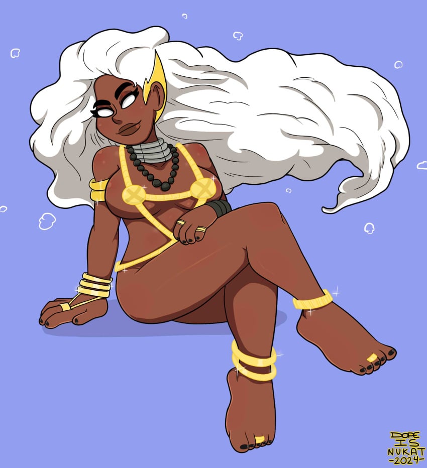 1female 1girls african african_female anklet body_jewelry bracelet bracelets dark-skinned_female dopeisnukat feet feet_focus female female female_focus female_only gold_jewelry marvel marvel_comics ororo_munroe pin_up solo_female storm_(x-men) toe_ring white_eyes white_hair x-men x-men:_the_animated_series x-men_97