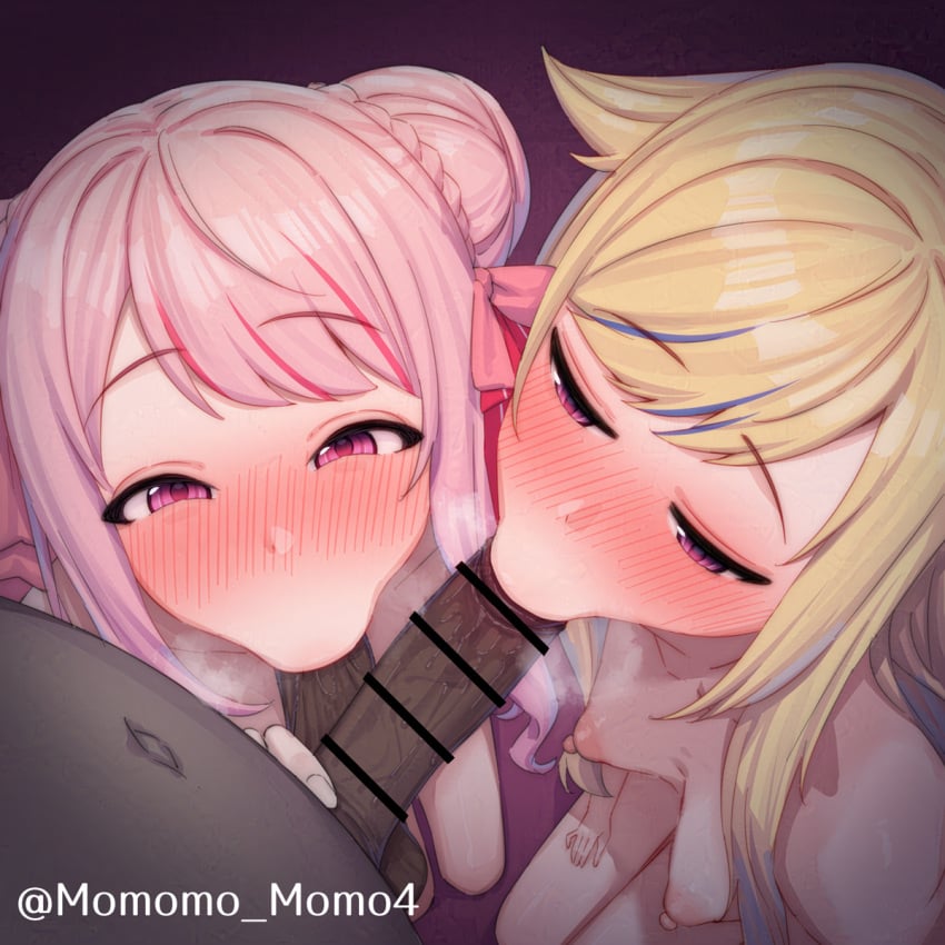 2girls :&gt;= blonde_hair blush cellphone completely_nude double_bun fellatio from_above hair_bun highres himehina_channel long_hair multicolored_hair multiple_girls nose_blush nude oral penis phone pink_hair purple_eyes sidelocks smartphone straight streaked_hair suzuki_hina tanaka_hime testicle_sucking virtual_youtuber yoshiwa_tomo