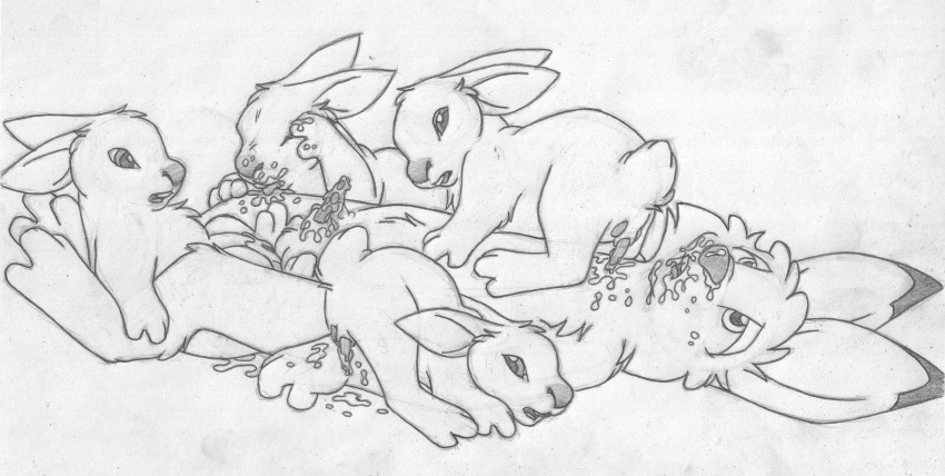 anthro anthro_on_feral feral greyscale group jake_cottontail lagomorph male mammal mizzyam monochrome pencil_(artwork) rabbit size_difference traditional_media_(artwork) yaoi zoophilia