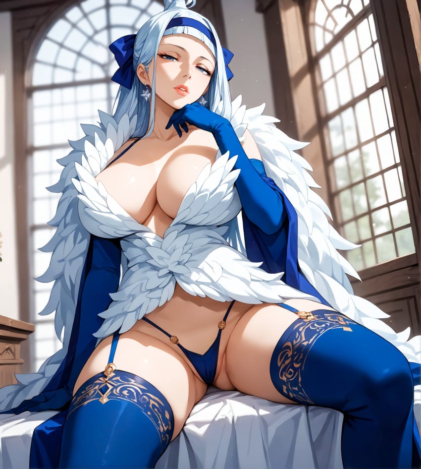 1girls ai_generated alex-schura angel_(fairy_tail) bangs bare_shoulders blue_bow blue_eyes blue_gloves blue_hairband blue_panties blue_thighhighs blush bow breasts cameltoe cleavage clothing curvaceous curvaceous_female curvaceous_figure curvy curvy_figure dress earrings elbow_gloves fairy_tail female female_focus female_only fur_trim garter_straps gloves hair_ornament hairband hairbow headwear highleg indoors inviting inviting_to_sex jewelry large_breasts legwear lingerie lips long_hair looking_at_viewer navel o-ring pantsu parted_lips red_lips revealing_clothes seductive seductive_look seductive_smile silver_hair sitting smile solo sorano_aguria spread_legs stockings thick_thighs thighhighs thighs thong underwear very_long_hair voluptuous voluptuous_female white_dress window