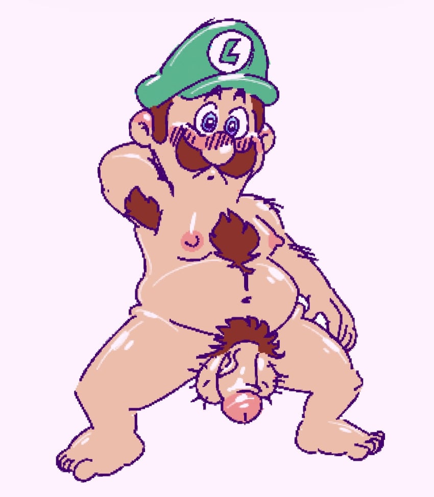 1boy arm_behind_head armpit armpit_hair balls ballsack belly blush body_hair chest_hair enterman facial_hair gay green_hat hairy_body hairy_male human looking_at_viewer luigi male male_nipples male_only mario_(series) moustache nintendo nipples nude nude_male penis pubic_hair solo solo_male white_background