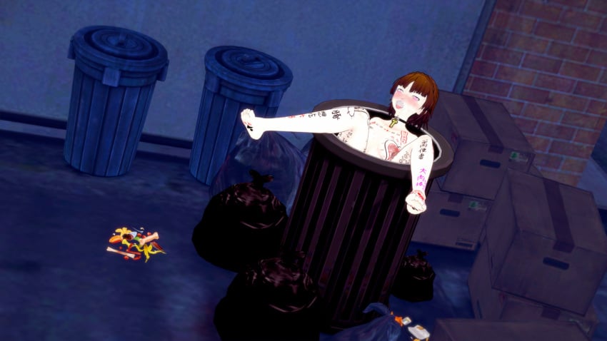 1girls after_rape after_sex ahe_gao body_writing broken_rape_victim brown_hair female in_trash_can makoto_niijima mind_break passed_out persona persona_5 thrown_away trash_can