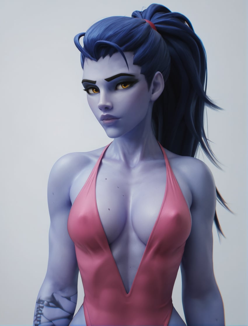 1female 1girls ai_generated almost_naked arm_tattoo athletic_female bare_shoulders blizzard_entertainment blue_body blue_skin center_opening cleavage cleavage_dress clothed curvy_female dark_blue_hair dress erect_nipples eye_contact female_focus female_only fremorg french_female halter_dress halterneck hard_nipples highleg hourglass_figure long_hair looking_at_viewer medium_breasts nipple_bulge no_bra overwatch overwatch_2 photoshoot ponytail purple_body purple_hair purple_skin revealing_clothes seductive_look skimpy skimpy_clothes skimpy_dress sleeveless slim_waist small_waist solo stable_diffusion standing tattoo tied_hair tight_clothing toned_female widowmaker yellow_eyes