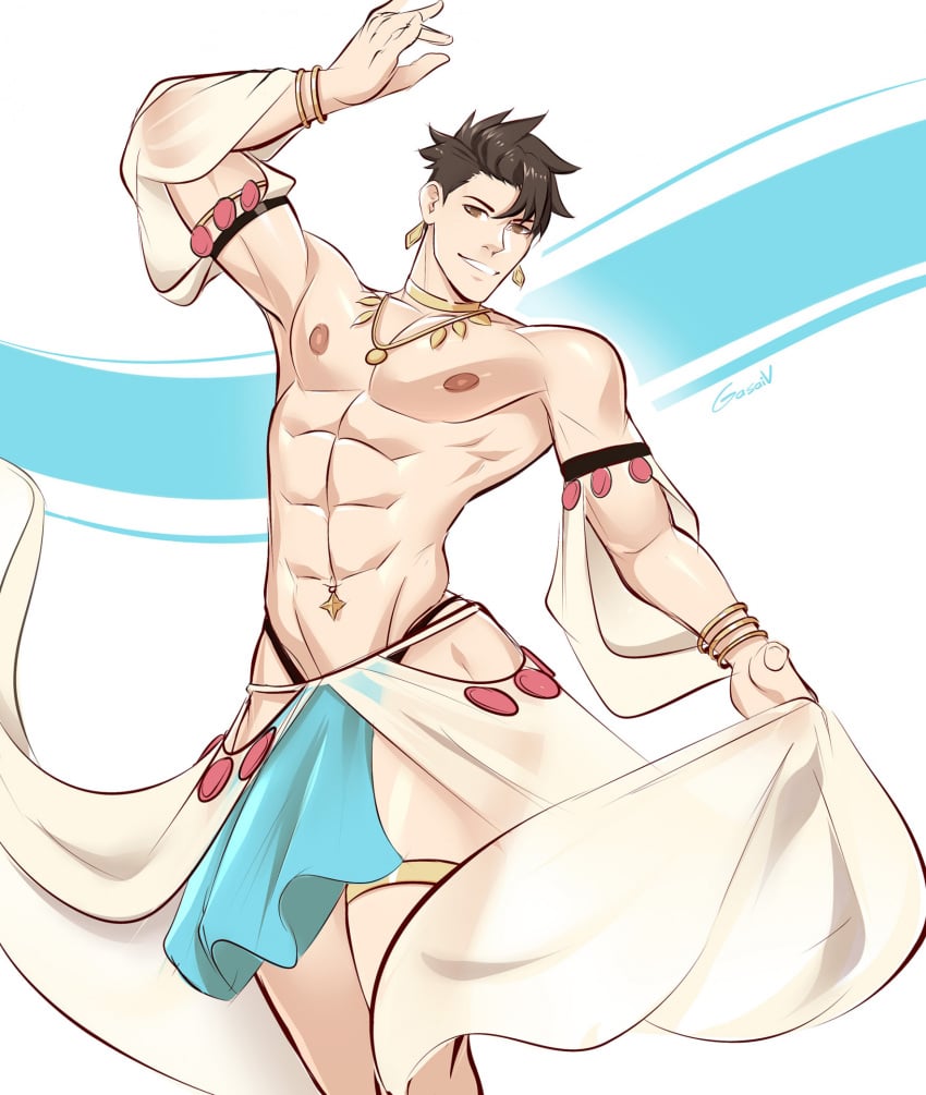 1boy abs athletic_male belly_dancer belly_dancer_outfit brown_hair dancer dancer_outfit detached_sleeves fit_male gasaiv harem_boy harem_outfit hazel_eyes loincloth male male_only necklace short_hair solo