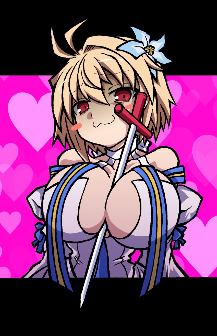 :3 ahoge arcueid_brunestud between_breasts big_breasts black_keys blonde_hair blush breasts cleavage detached_sleeves dress fate/grand_order fate_(series) female fine_fabric_emphasis flower hair_flower hair_ornament holding_object holding_object_between_breasts huge_boobs hyper_breasts large_breasts paizuri red_eyes short_hair smothering smug tententensan titjob tsukihime type-moon vampire vampire_girl weapon