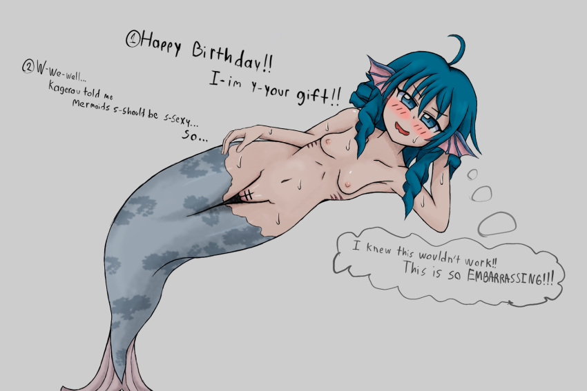 armpits blue_eyes blue_hair blush breasts drill_hair female flustered highres looking_at_viewer mermaid monster_girl navel nude pussy short_hair small_breasts sweat touhou wakasagihime xsmile