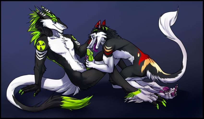 2boys anthro collaboration cum cum_in_mouth cum_inside feet furry gay gustav interspecies male male_only masturbation nebby open_mouth oral original_character paws penis sergal testicles tongue yaoi zetsin