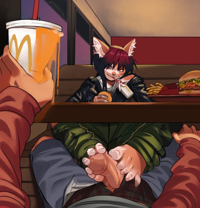 anthro beverage chipmunk clothed clothing denzel_t_smith_(character) digital_drawing_(artwork) digital_media_(artwork) domestic_cat duo erection fast_food fast_food_restaurant feet felid feline felis fingers food foot_fetish foot_play footjob fur genitals ground_squirrel hair hi_res humanoid_genitalia humanoid_penis hybrid looking_at_viewer looking_pleasured male male/male mammal mikah_miller_(character) multicolored_hair paws penis procyonid public raccoon rodent rottenrollz sciurid sex smile soles toes topwear two_tone_hair