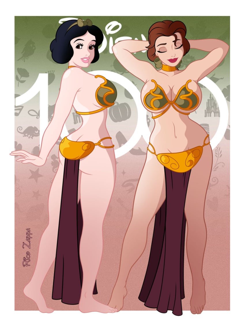 2girls barefoot beauty_and_the_beast belle belly_dancer belly_dancer_outfit black_hair brown_eyes brown_hair cleavage closed_eyes crossover_cosplay disney disney_princess harem harem_girl harem_outfit large_breasts loincloth ricozappa short_hair slave slave_bikini slave_collar slave_leia_(cosplay) slave_outfit slavegirl snow_white_(disney) snow_white_and_the_seven_dwarfs star_wars