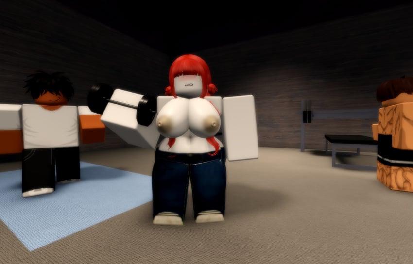 1girl 1girls 3d areola areolae big_ass big_breasts big_butt female gym mistytwist pale_skin red_hair roblox roblox_game robloxian white_skin workout