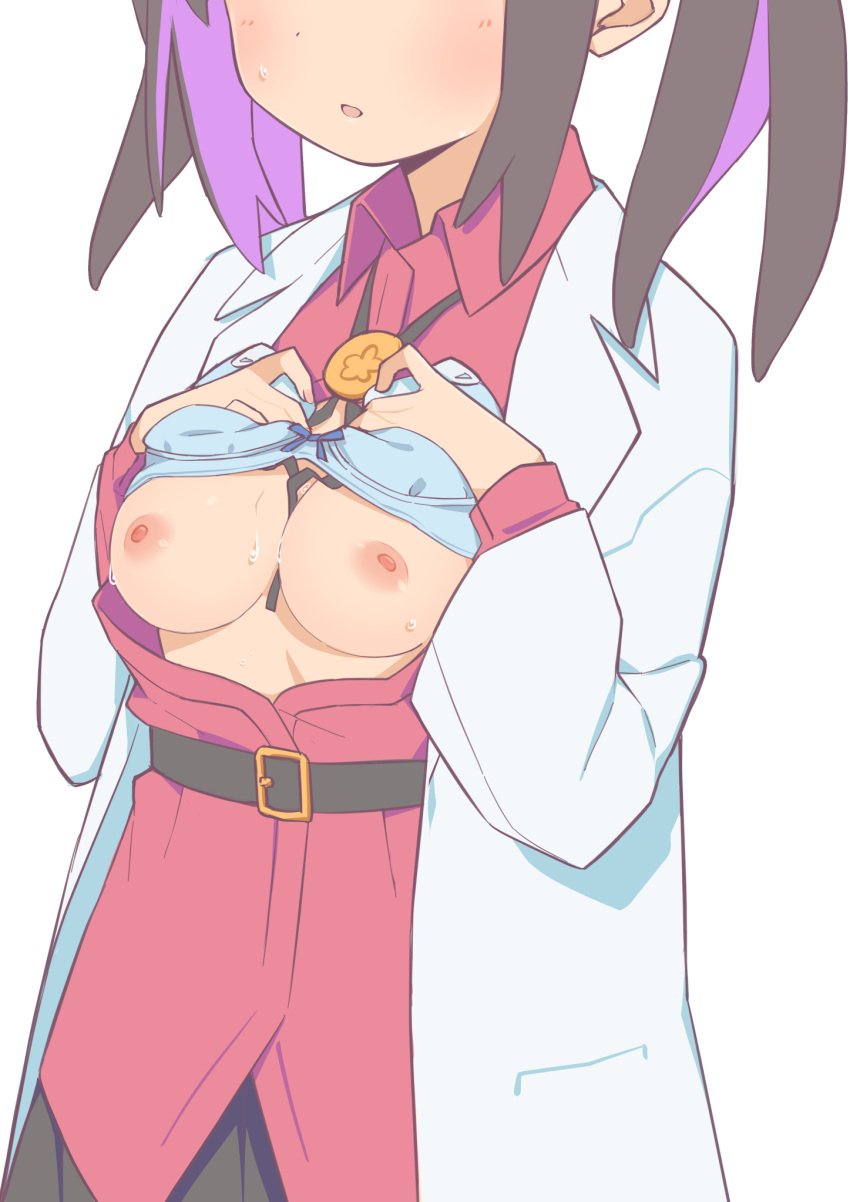 black_hair blush bra_lift breasts_out eyes_out_of_frame female_focus labcoat large_breasts morisobo onii-chan_wa_oshimai! open_shirt oyama_mihari purple_hair two_tone_hair white_background