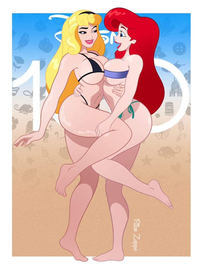 2girls ariel ariel_(the_little_mermaid) aurora_(sleeping_beauty) bikini blonde_hair blue_eyes disney disney_princess large_breasts long_hair purple_eyes red_hair ricozappa royalty sleeping_beauty_(1959_film) standing_on_one_leg swimsuit symmetrical_docking the_little_mermaid voluptuous