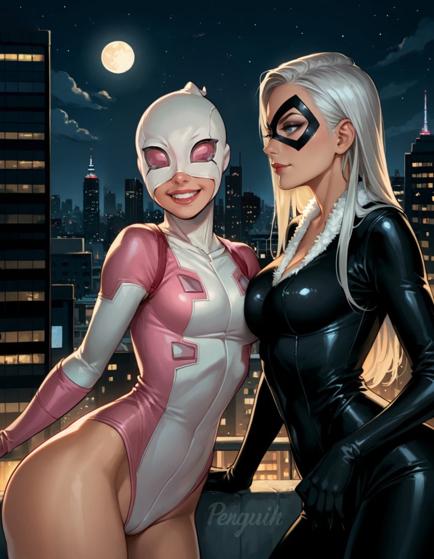 2girls ai_generated black_cat_(fortnite) black_cat_(marvel) blue_eyes bodysuit cleavage difference duo felicia_hardy female female_only flirting fortnite gradient_hair gwenpool gwenpool_(fortnite) latex_suit marvel marvel_comics mask masked_female new_york penguih perfect_body rooftop sexy_pose sfw silver_hair spider-man_(series) stable_diffusion superheroine tight_clothing together two_girls yuri