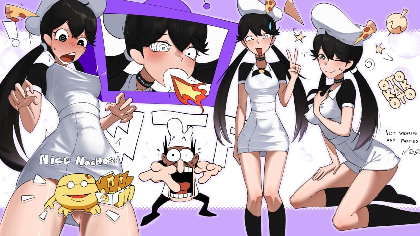 1boy absurd_res anxious apron artist_name bare_legs black_eyes black_hair blush blush blush_lines blushing_female blushing_profusely censored chef_hat cute_expression cute_face dialated_pupils female fire_breathing foreshortening from_below from_front_position greaseball hair_between_eyes hat hi_res large_breasts low_twintails medium_breasts miniskirt multiple_poses nachos nervous nervous_expression nervous_face nervous_female nervous_sweat nipples nipples_visible_through_clothing no_bra no_panties open_mouth otokakoto pantyshot peace_sign peppina_and_the_magical_tower_of_pizza peppina_ramen_(ketartdragon) peppino_spaghetti pizza pizza_tower purple_background pussy pussy_lips pussy_peek ribbon scared scared_expression shocked short_sleeves stumble takoyaki twintails