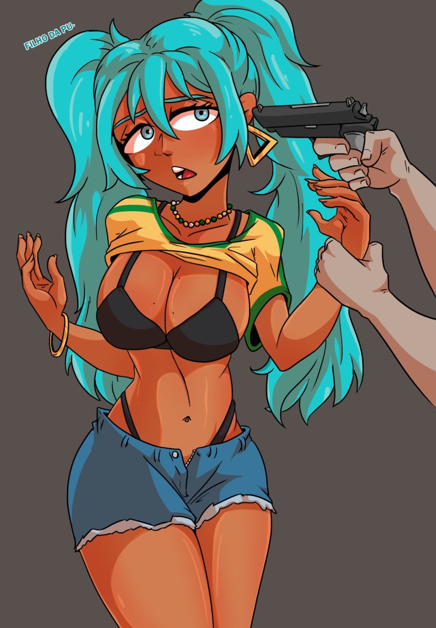 big_breasts big_tits black_bra black_panties blue_eyes blue_hair bracelet brazilian brazilian_female brazilian_miku dark-skinned_female dark_skin earrings gun_to_head hand_on_wrist hatsune_miku imminent_death imminent_rape necklace rattminded shirt_up short_shorts tan_skin tan_skinned_female text