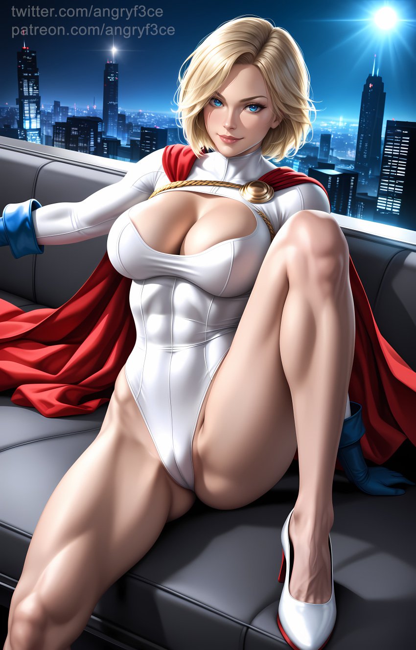 1girls ai_generated angryf3ce blue_eyes cameltoe cape clothed comic dc_comics female female hi_res high_resolution highres large_breasts legs light-skinned_female light_skin long_legs power_girl solo solo_female solo_focus suggestive suggestive_look superhero superheroine