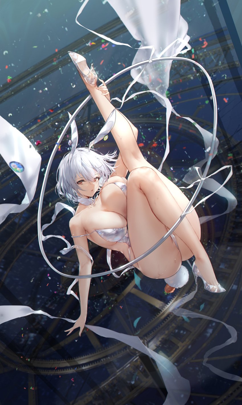 1girls absurdres alternate_costume animal_ears azur_lane breasts brown_eyes detached_collar fake_animal_ears fake_tail female full_body high_heels highres large_breasts leg_up leotard light-skinned_female light_skin looking_at_viewer official_alternate_costume parted_lips playboy_bunny rabbit_ears rabbit_tail royal_navy_(azur_lane) short_hair silver_footwear sirius_(azur_lane) sirius_(rabbit_of_paradise)_(azur_lane) solo swd3e2 tail thighs white_hair white_leotard