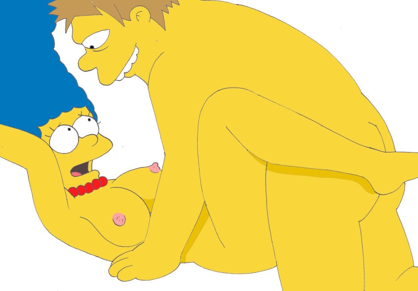 1boy 1girls 20th_century_fox 20th_century_studios barney_gumble blue_hair breasts brown_hair cheating cheating_wife duo eye_contact female hair_blue human human_on_human looking_at_another male male/female marge_simpson milf nipples nude nude_female nude_male open_mouth red_necklace sex straight straight_sex the_simpsons unknown_artist white_background yellow_skin