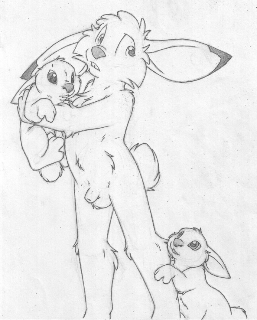 anthro anthro_on_feral balls buckteeth feral greyscale group jake_cottontail lagomorph lifted looking_down looking_up male mammal mizzyam monochrome nude pencil_(artwork) rabbit sheath size_difference standing teeth traditional_media_(artwork) yaoi zoophilia