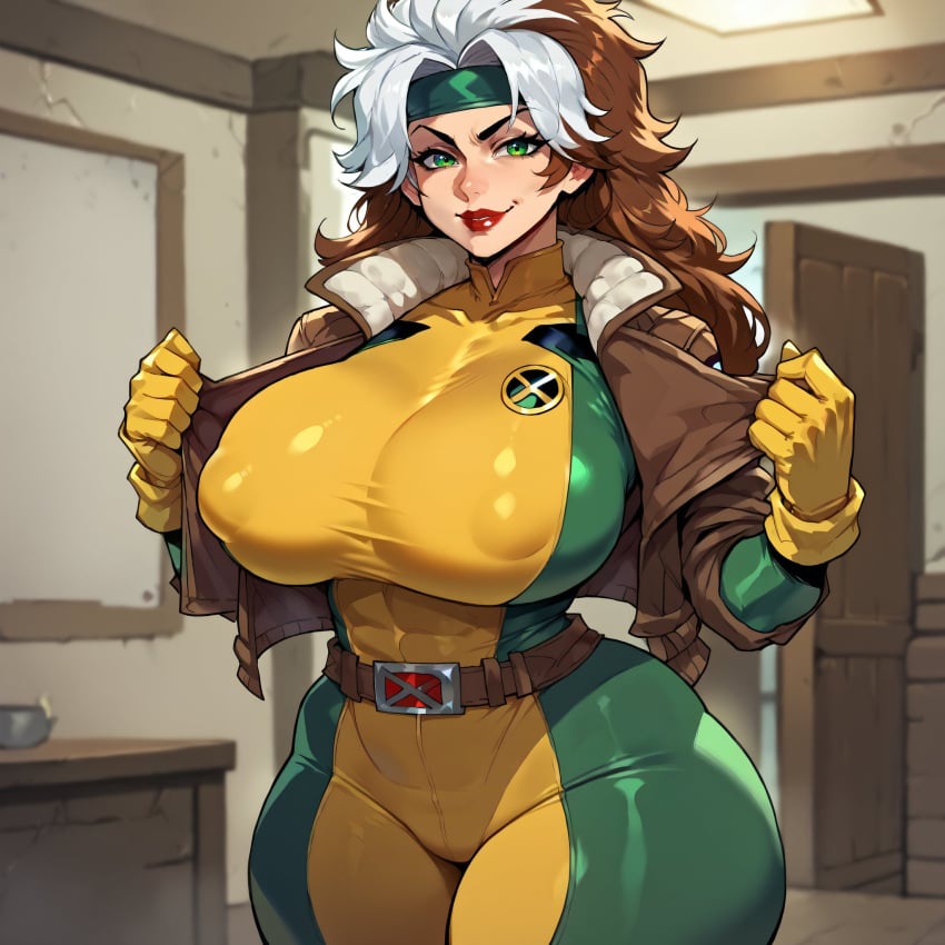 ai_generated bare_legs bodysuit brown_hair gigantic_breasts green_eyes headband heroine huge_breasts huge_thighs jacket light-skinned_female light_skin long_hair looking_at_viewer marvel marvel_comics massive_breasts multicolored_hair nipples_visible_through_clothing rogue_(x-men) smiling smogai solo_female thick_body thick_female thick_thighs thighs thighs_bigger_than_head voluptuous voluptuous_female x-men