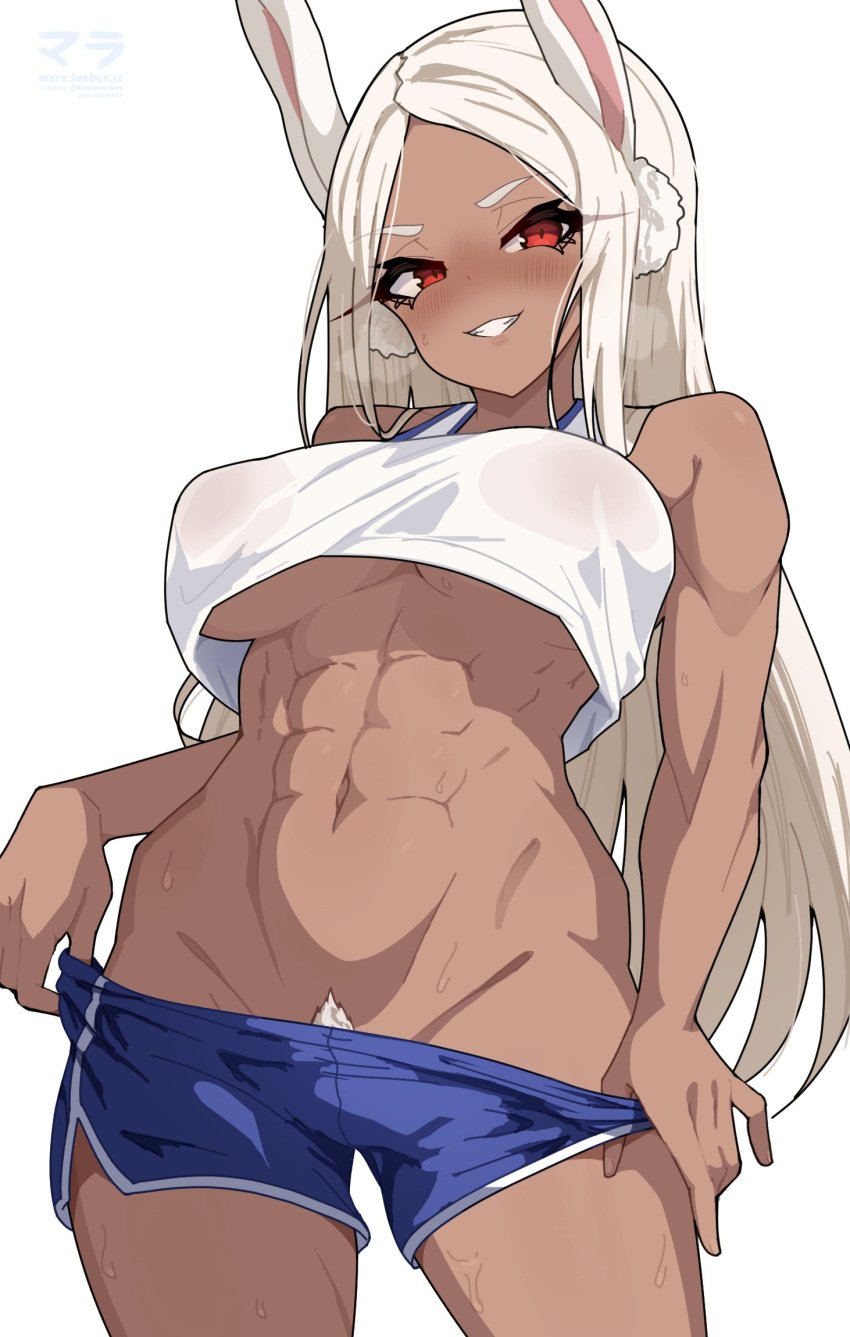 1girls 2024 artist_name blush boku_no_hero_academia breasts dark-skinned_female dark_skin female female_only highres large_breasts long_hair matsumaramara miruko muscular muscular_female my_hero_academia plain_background pubic_hair pubic_hair_peek rabbit rabbit_ears rabbit_girl rabbit_humanoid red_eyes rumi_usagiyama shirt shorts solo solo_female sweat undressing watermark white_background white_hair