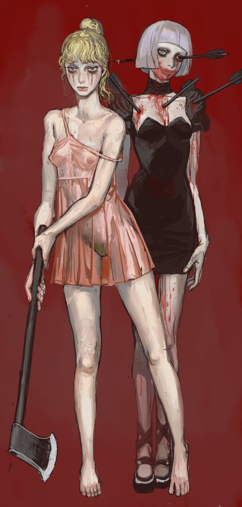 2girls absurdres arrow_(projectile) arrow_in_body axe barefoot black_dress blonde_hair blood blood_stain breasts dress grey_hair highres holding holding_axe horror_(theme) midnight_vampire_(takena) mossa mossacannibalis multiple_girls nipples pink_dress pubic_hair runny_makeup see-through strap_slip